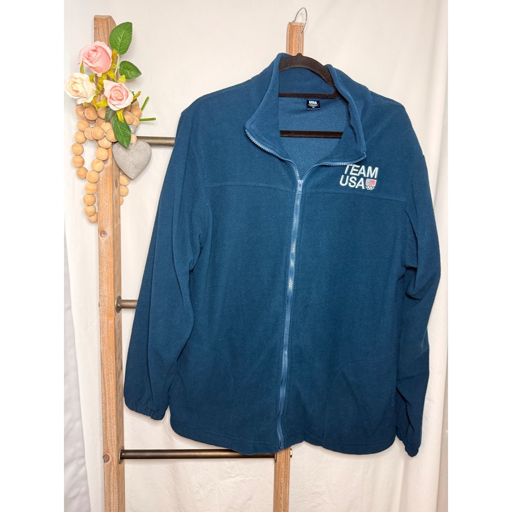 Team USA Olympic Fleece Jacket Mens XL Teal Full Zip Mock Neck Logo Pockets